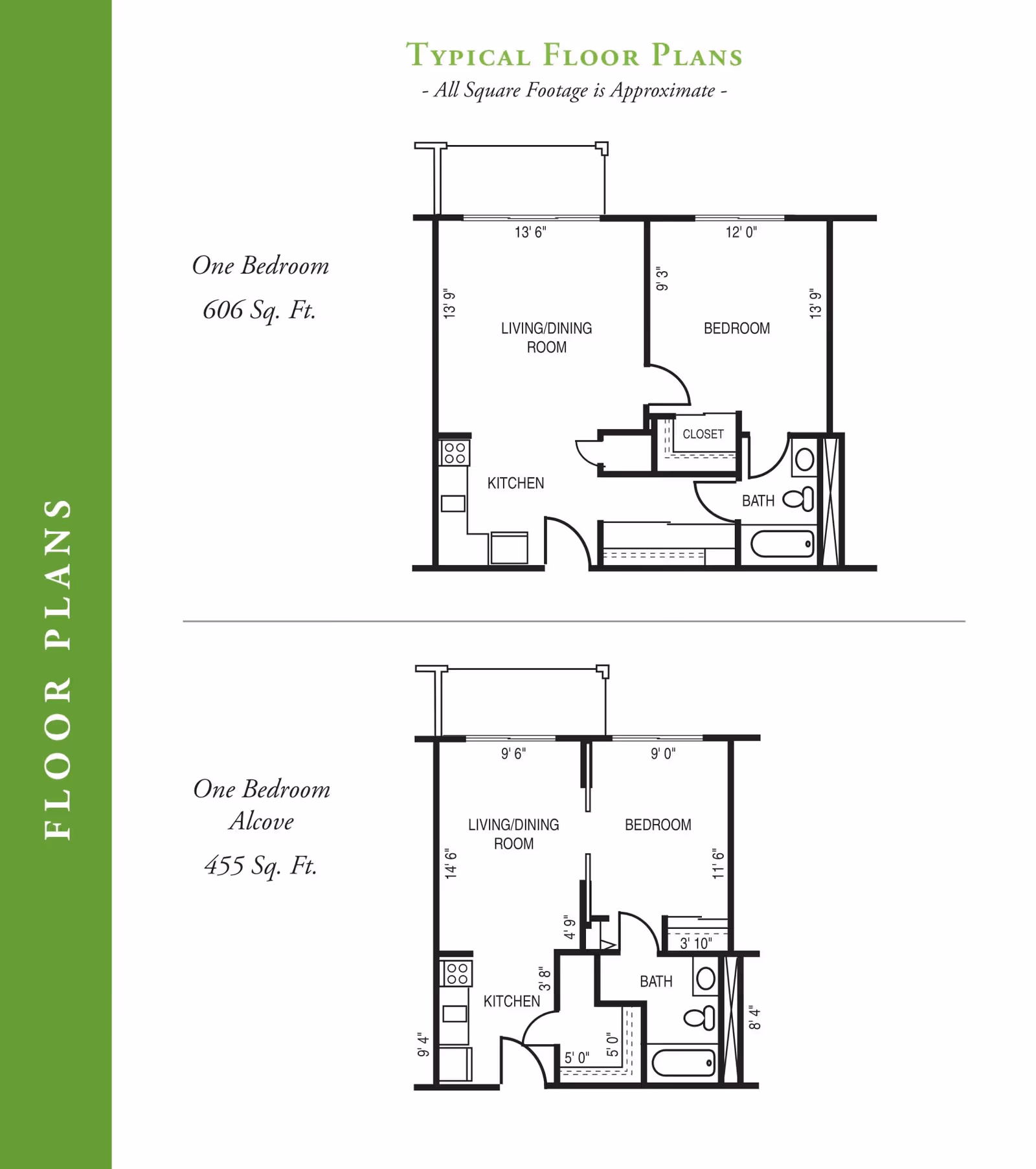Floor plans for Garden Villas South showing two one-bedroom apartment layouts. The first layout is 606 square feet with a living/dining room, kitchen, bedroom, closet, and bathroom. The second layout is a one-bedroom alcove of 455 square feet with a living/dining room, kitchen, bedroom, closet, and bathroom. Dimensions for each room are included.