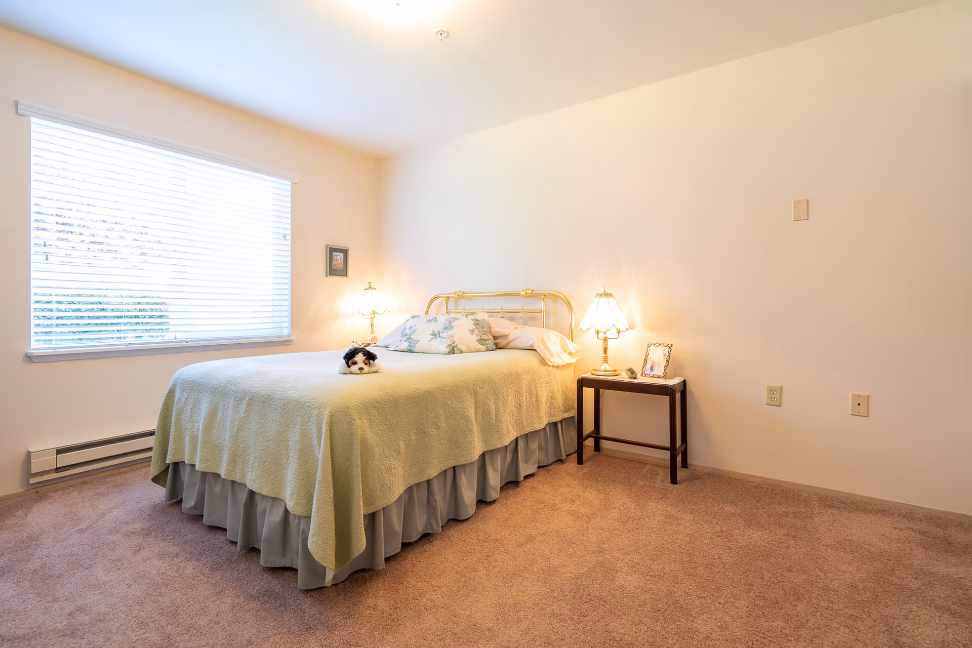 A bright bedroom with a large window covered by white blinds on the left wall. The room features a bed with a brass headboard, covered with a light green quilt and a blue bed skirt. Two floral pillows and a small stuffed animal are on the bed. There are two bedside lamps with decorative shades, one on each side of the bed. A small wooden side table with a framed photo and a book is on the right side of the bed. The walls are painted light beige, and the floor is carpeted in a light brown color.
