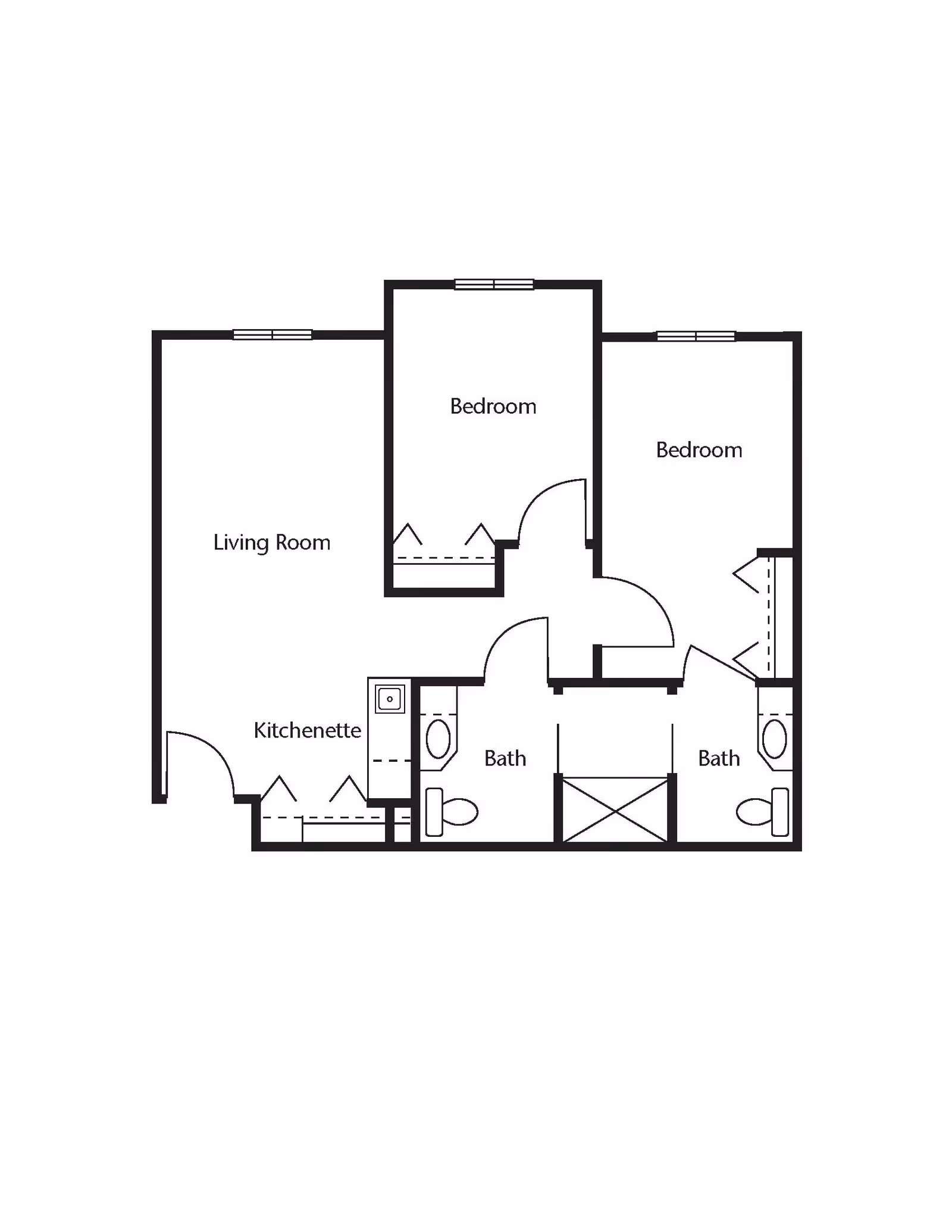 Floor plan of an apartment layout showing two bedrooms, two bathrooms, a living room, and a kitchenette.