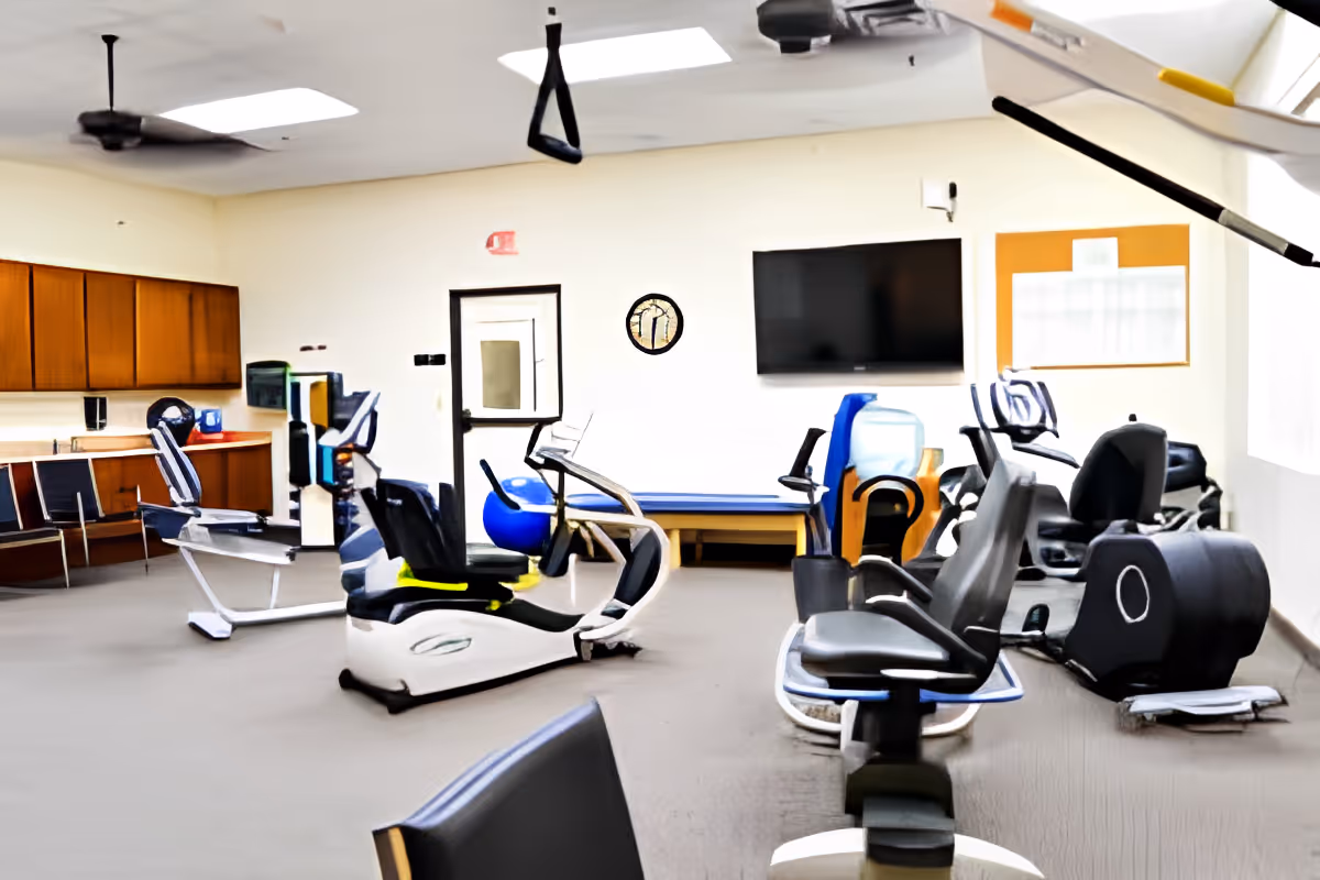A fitness room with various exercise equipment including recumbent bikes, an elliptical machine, and a blue exercise ball. The room has beige walls, a wall-mounted TV, wooden cabinets, and a bench along the back wall.