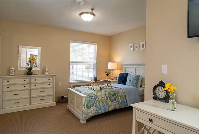 A cozy bedroom with a white wooden bed featuring a colorful paisley-patterned bedspread and decorative pillows. Next to the bed is a small wooden tray with a cup and a book. A nightstand with a lamp and a small plant is beside the bed. Across from the bed is a white dresser with a mirror and decorative items, including a vase with yellow flowers. The room has beige walls, a window with blinds, and a ceiling light fixture.