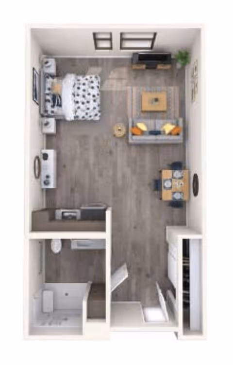 Top-down view of a studio apartment floor plan featuring a sleeping area with a bed and nightstand, a living area with a sofa and coffee table, a dining area with a table and four chairs, a kitchen with appliances and cabinets, and a bathroom with a shower, toilet, and sink.