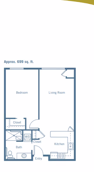 Floor plan of a 699 square foot apartment with one bedroom, one bathroom, a living room, kitchen, entry area, and two closets. The bathroom includes a toilet, sink, and shower. The kitchen has a stove, sink, and refrigerator. There is a washer/dryer unit near the bathroom.