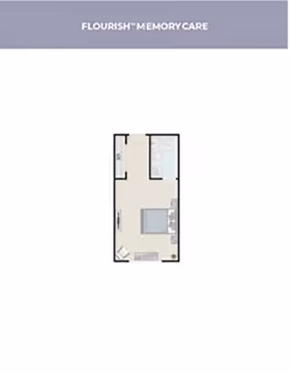 Floor plan layout for a memory care unit labeled 'Flourish Memory Care' showing a single room with a bed, bathroom, and small living area.
