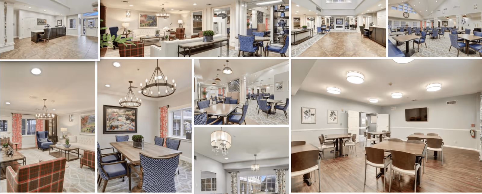Collage of interior images from Monarch at Richardson senior living facility showing various common areas including a reception desk, living room with seating, dining rooms with tables and chairs, and a meeting or activity room with tables and chairs. The spaces are well-lit with modern lighting fixtures and decorated with artwork and plants.