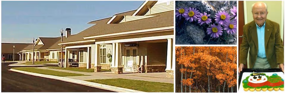 Exterior view of the Oaks on Parkwood single-story senior living buildings alongside a collage of flowers, autumn trees, and an elderly man holding a decorated cake.