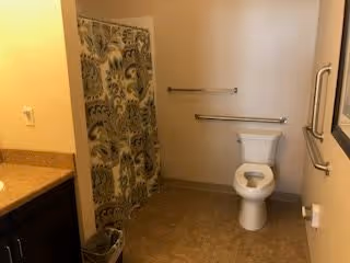 Bathroom with a toilet, a shower area with a patterned curtain, a countertop with a sink, a trash bin, and grab bars on the walls for accessibility.