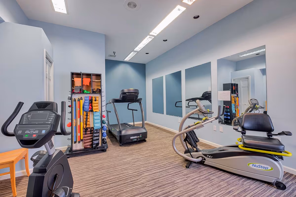 A small fitness room with exercise equipment including a stationary bike, a treadmill, and a NuStep recumbent cross trainer. There is a rack with various exercise accessories such as resistance bands and weights. The room has light blue walls, three large mirrors on one wall, and a striped carpeted floor.