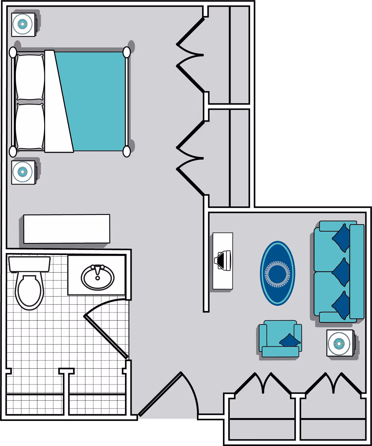 Floor plan of a senior living unit at Oaks at Habersham showing a bedroom with a bed and two nightstands, a bathroom with a toilet and sink, and a living room area with a sofa, armchair, coffee table, and TV stand.