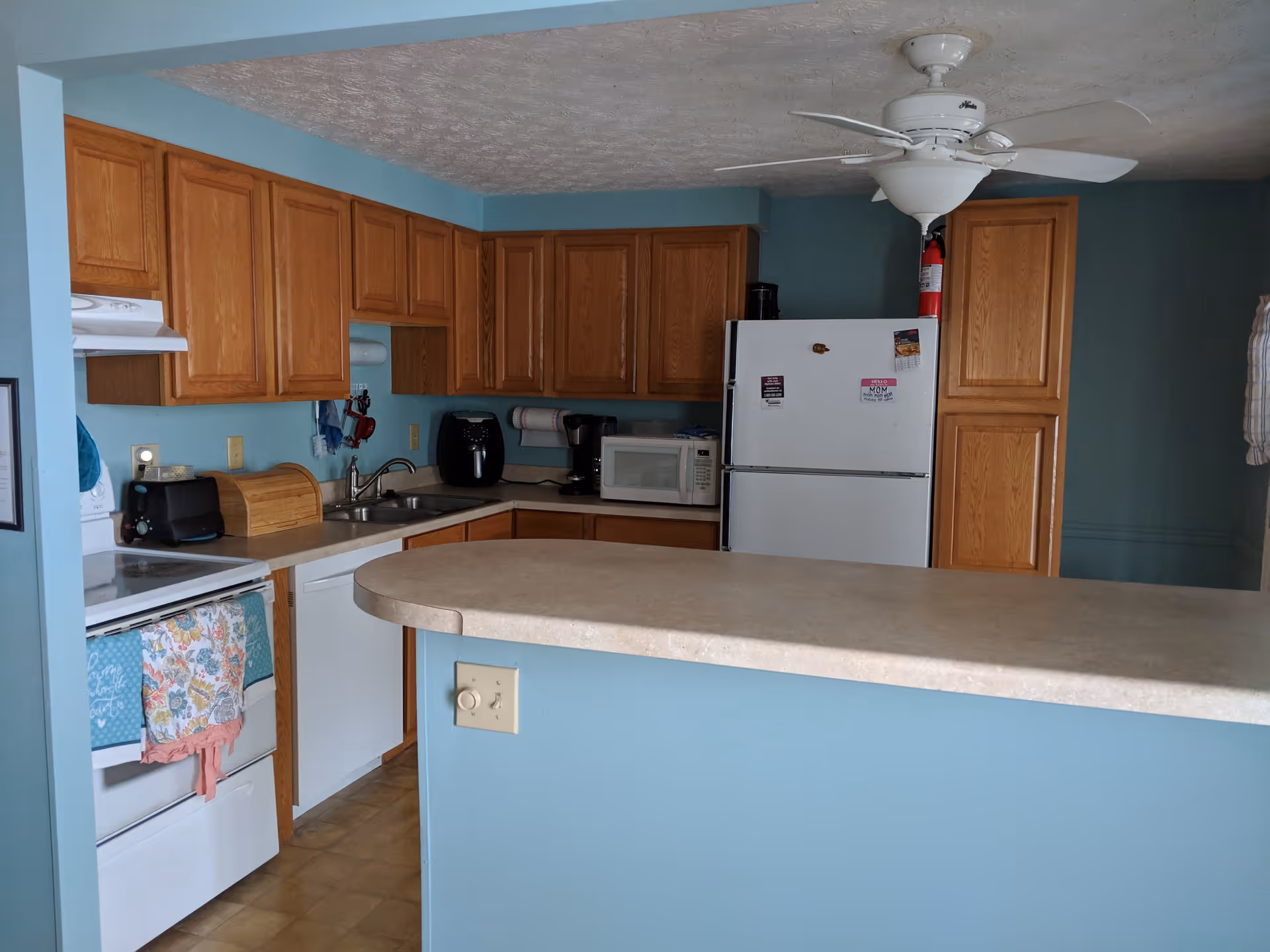 A kitchen with light blue walls and wooden cabinets. The kitchen features a white refrigerator with magnets, a microwave, a coffee maker, an air fryer, a toaster, a stove with a floral towel hanging on the handle, a double sink, and a ceiling fan with a light fixture. There is a beige countertop with a rounded edge in the foreground.