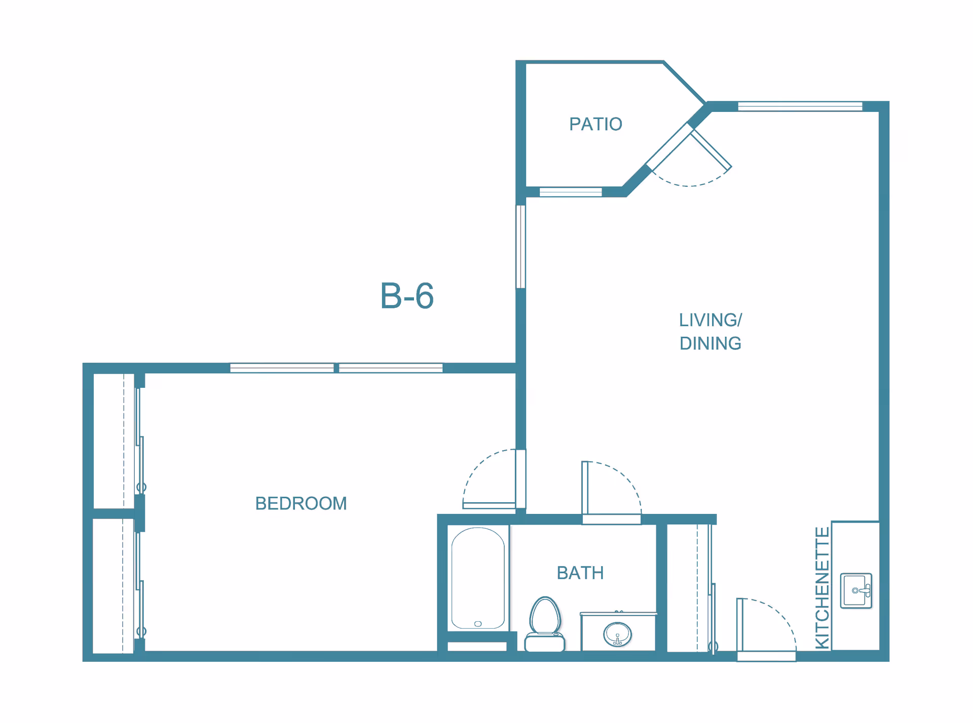 Floor plan of a living space labeled B-6 showing a bedroom, bath, kitchenette, living/dining area, and a patio.