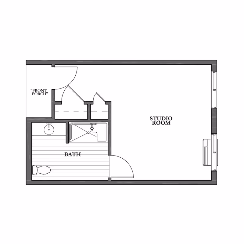 Architectural floor plan of a studio apartment at Peakview Assisted Living and Memory Care, showing a front porch, a bath with a sink, toilet, and shower, and a studio room with windows.