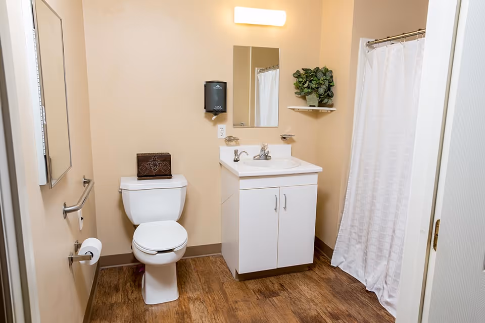 A clean bathroom with a white toilet, a white vanity with a sink, a mirror above the sink, a wall-mounted soap dispenser, a small shelf with a green potted plant, a white shower curtain, and wooden flooring.