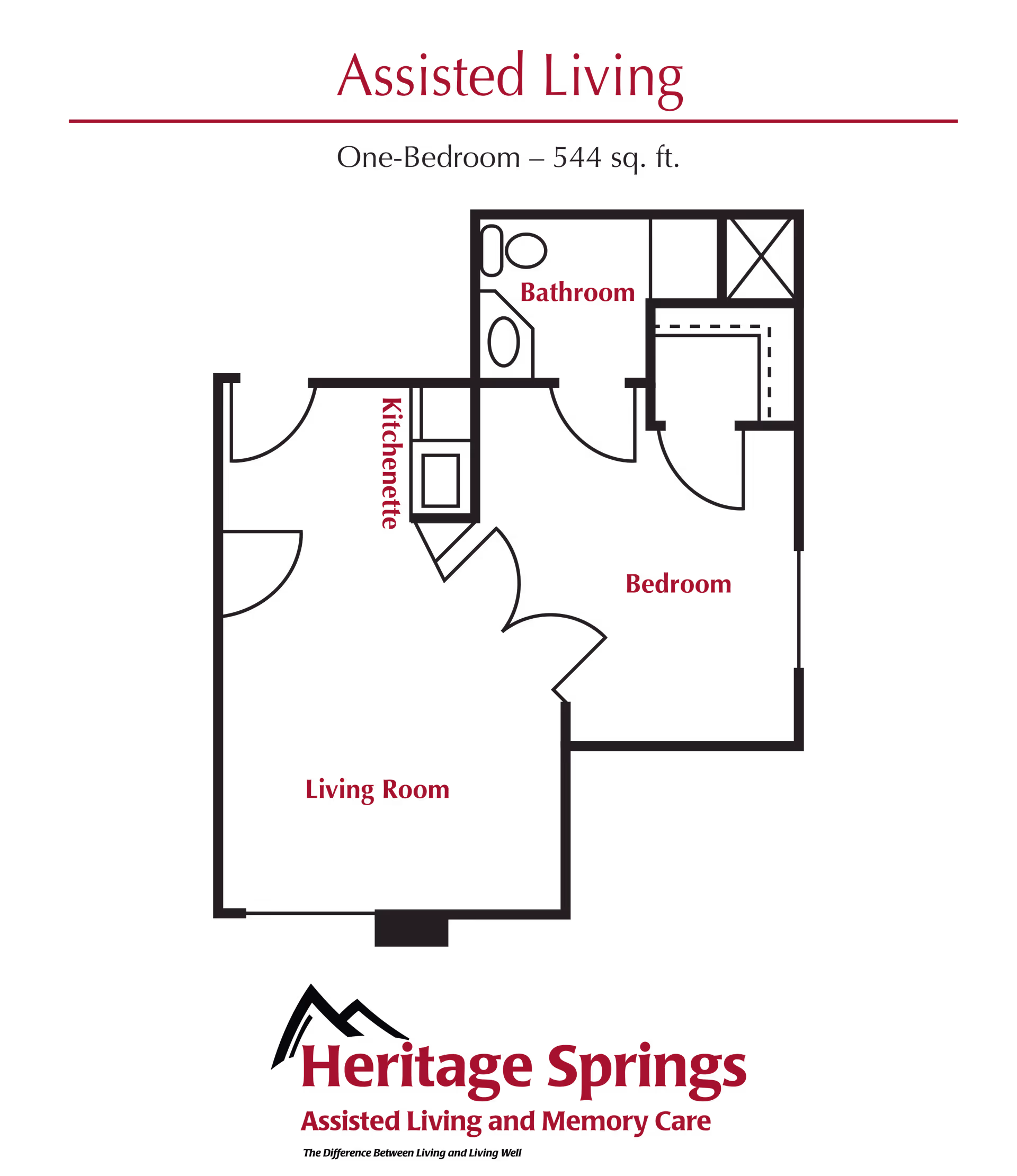 Graphic floor plan of a one-bedroom assisted living unit showing a living room, kitchenette, bedroom, and bathroom with Heritage Springs branding.