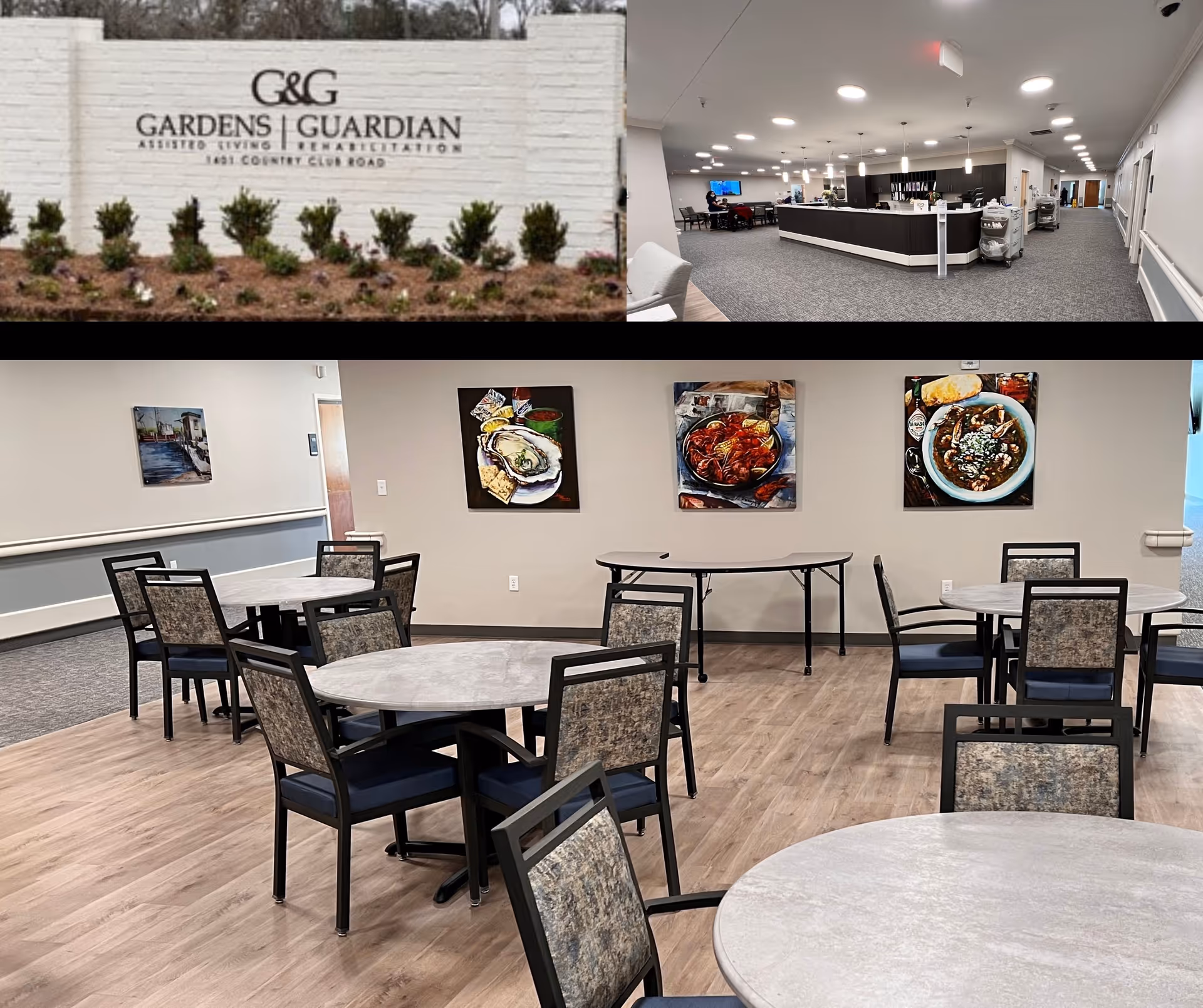 Collage of three images from The Gardens & Guardian House facility. Top left shows a white brick sign with the facility name and address. Top right shows a spacious reception area with a long desk, chairs, and carts. Bottom shows a dining area with round tables, chairs, wood flooring, and colorful food-themed paintings on the wall.