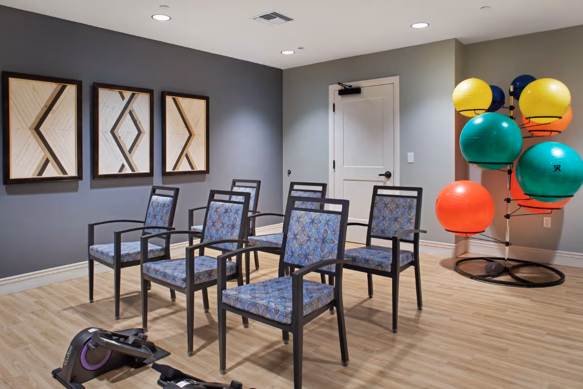 A small exercise room with six chairs arranged in two rows, a set of colorful exercise balls on a rack in the corner, three framed geometric artworks on a gray wall, and a closed white door. The floor is light wood, and there is a piece of exercise equipment on the floor in the foreground.