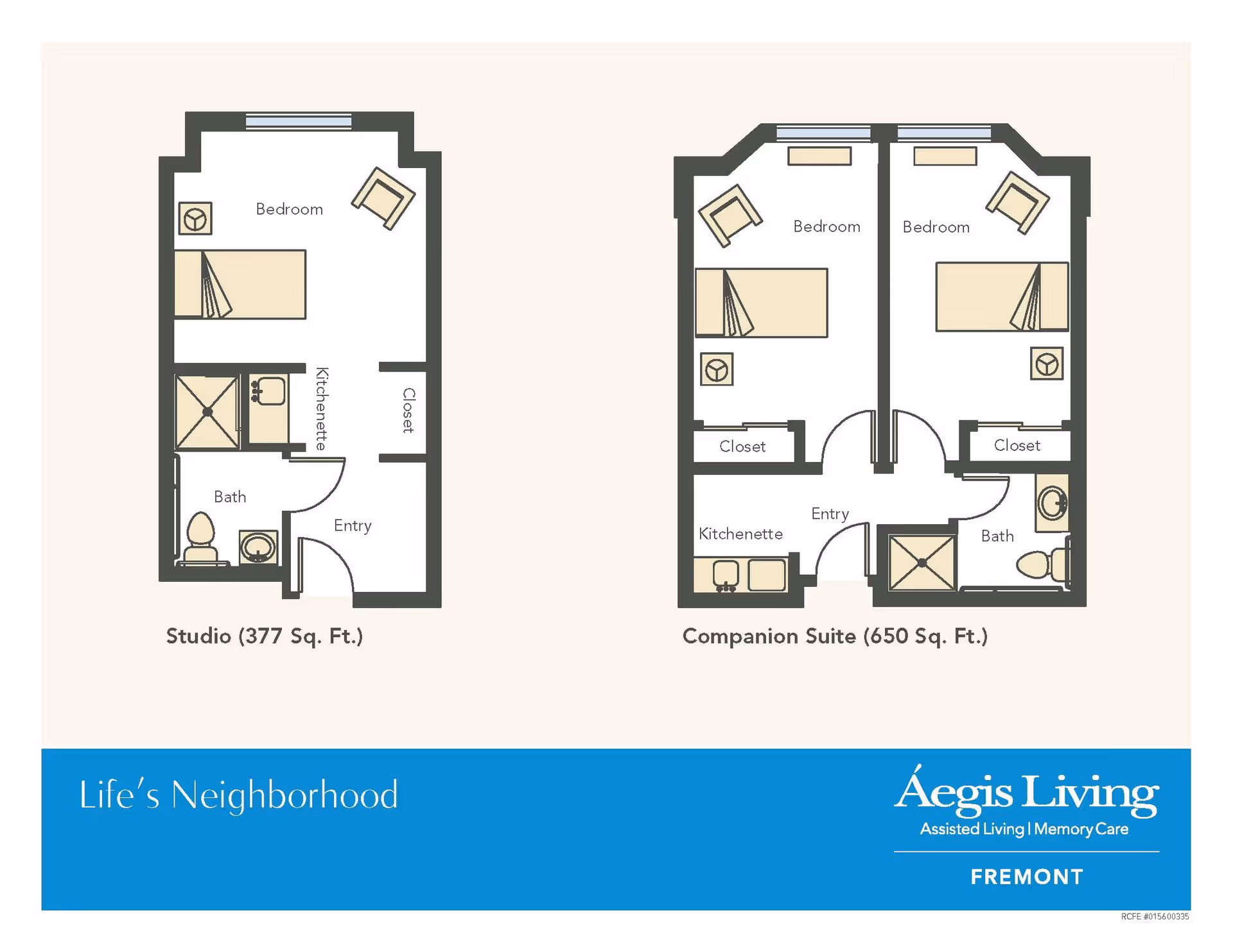 Floor plans for Aegis Living Fremont showing two types of living spaces: a Studio with 377 square feet featuring a bedroom, kitchenette, bath, closet, and entry; and a Companion Suite with 650 square feet featuring two bedrooms, two closets, a kitchenette, a bath, and an entry.