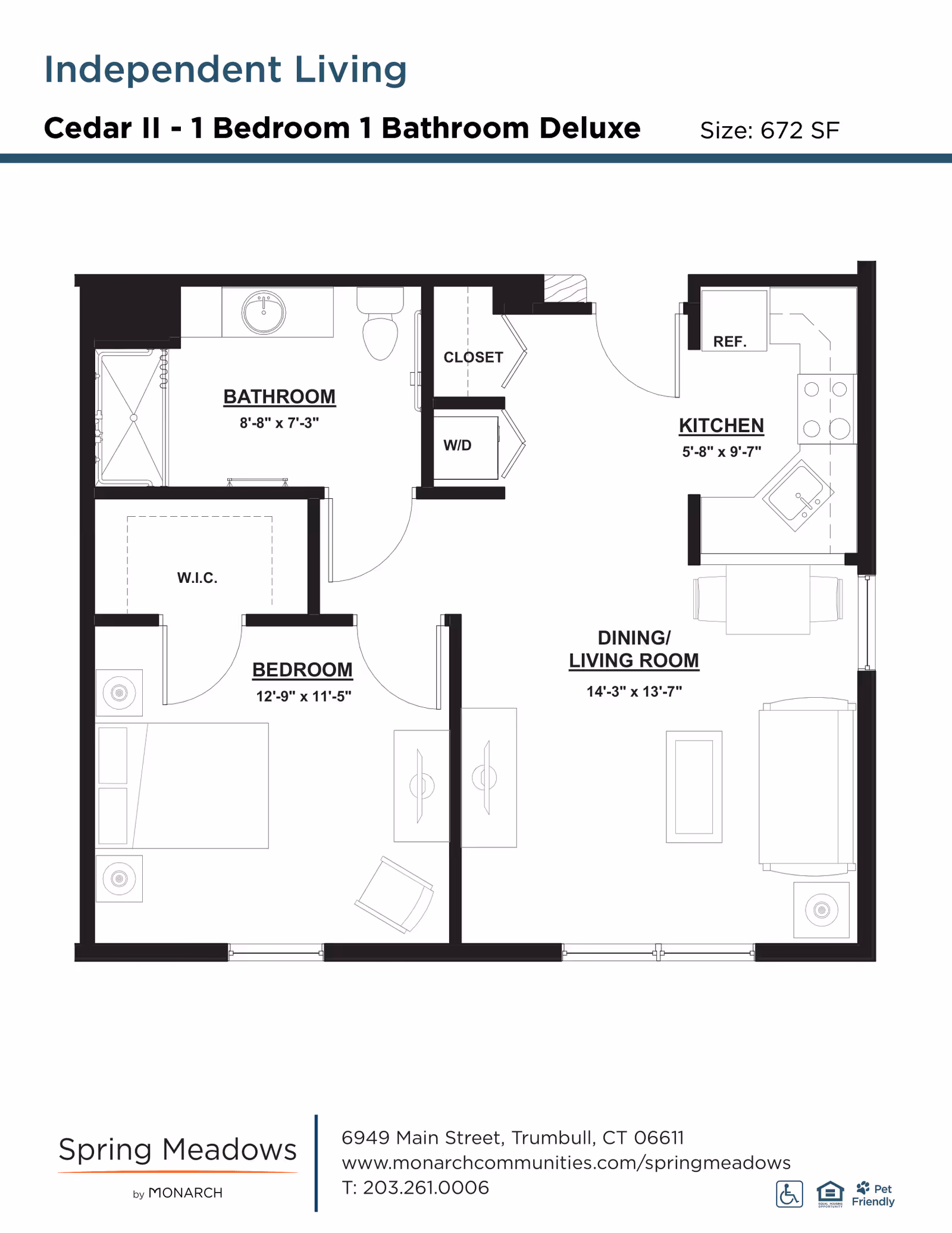 Floor plan of an independent living unit named Cedar II with 1 bedroom and 1 bathroom deluxe layout, showing dimensions and labeled areas including bathroom, bedroom with walk-in closet, kitchen, dining/living room, closet, and washer/dryer. The plan includes contact information for Spring Meadows by Monarch at the bottom.