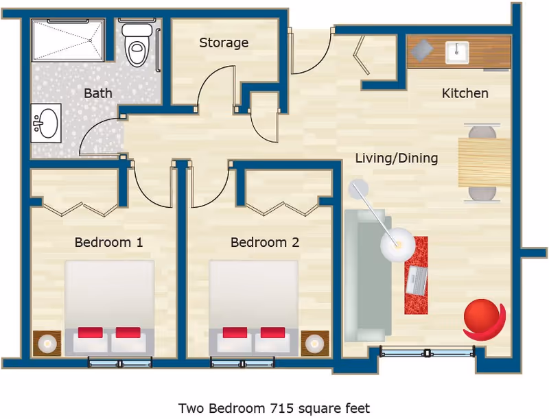 Colored floor plan of a two-bedroom, one-bath 715 sq ft apartment showing a kitchen, living/dining area, storage and labeled bedrooms.