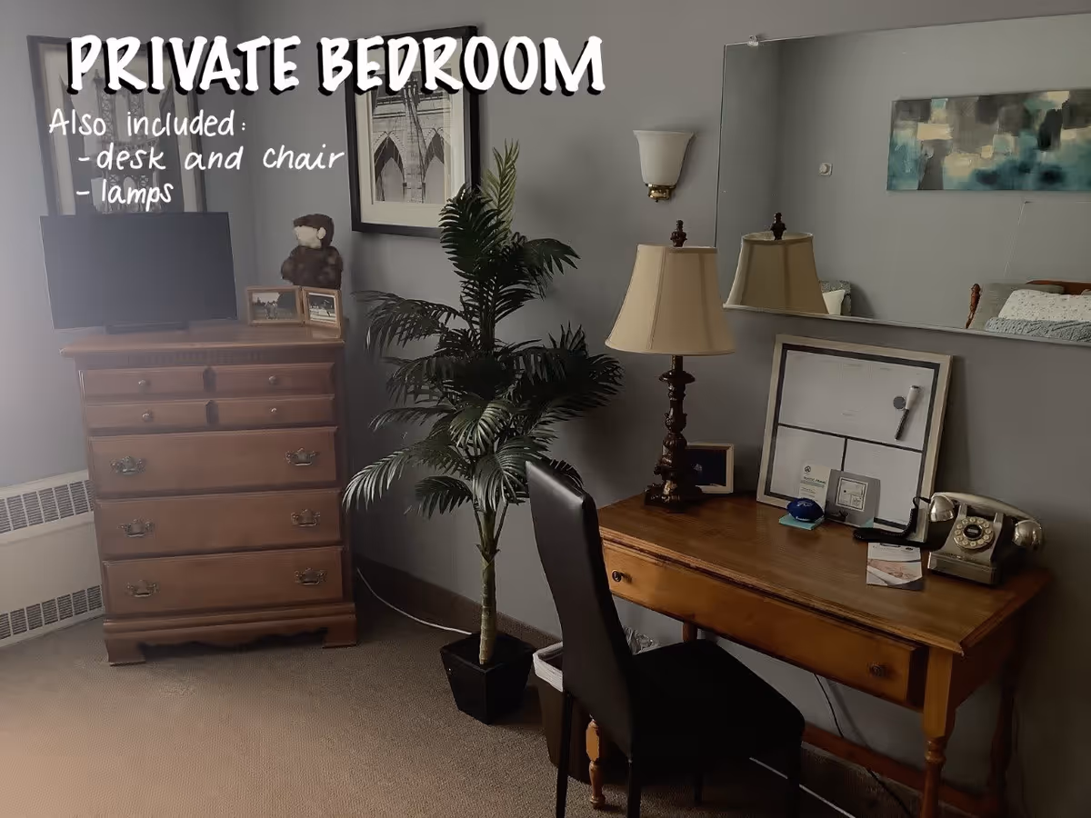 A private bedroom featuring a wooden dresser with a small TV, framed pictures, and a teddy bear on top. Next to the dresser is a tall potted plant. A wooden desk with a lamp, an old-fashioned rotary phone, and various small items is accompanied by a black chair. A large mirror and a piece of abstract artwork hang on the wall above the desk. Text on the image reads 'PRIVATE BEDROOM Also included: - desk and chair - lamps'.