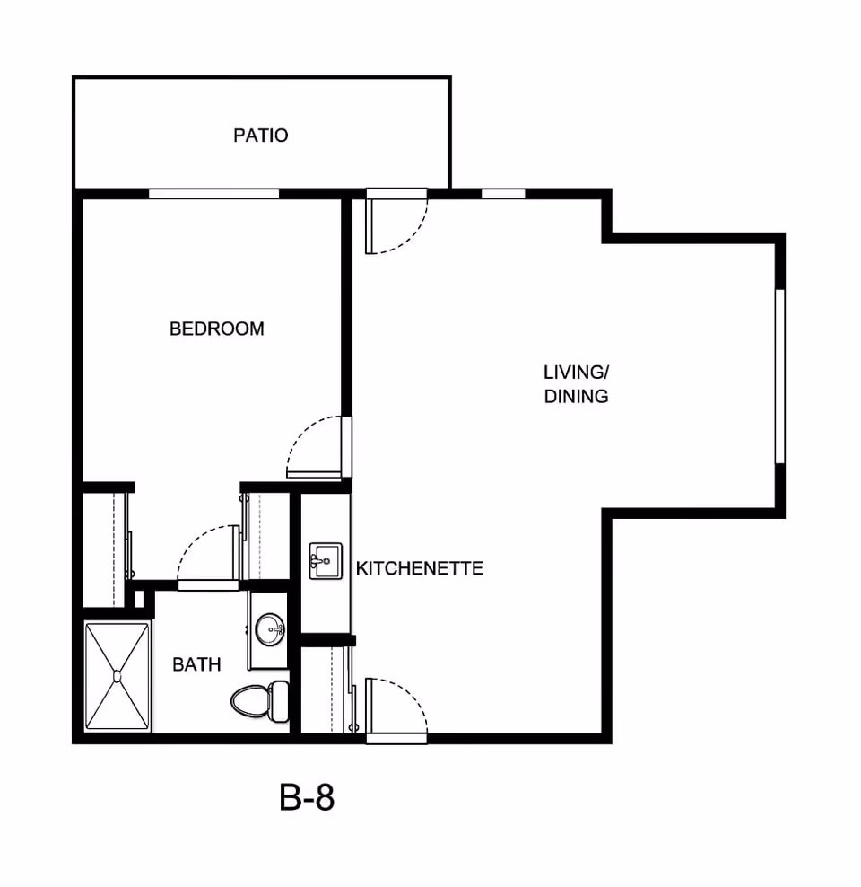 Floor plan layout of a senior living unit labeled B-8, featuring a bedroom, bath, kitchenette, living/dining area, and a patio.