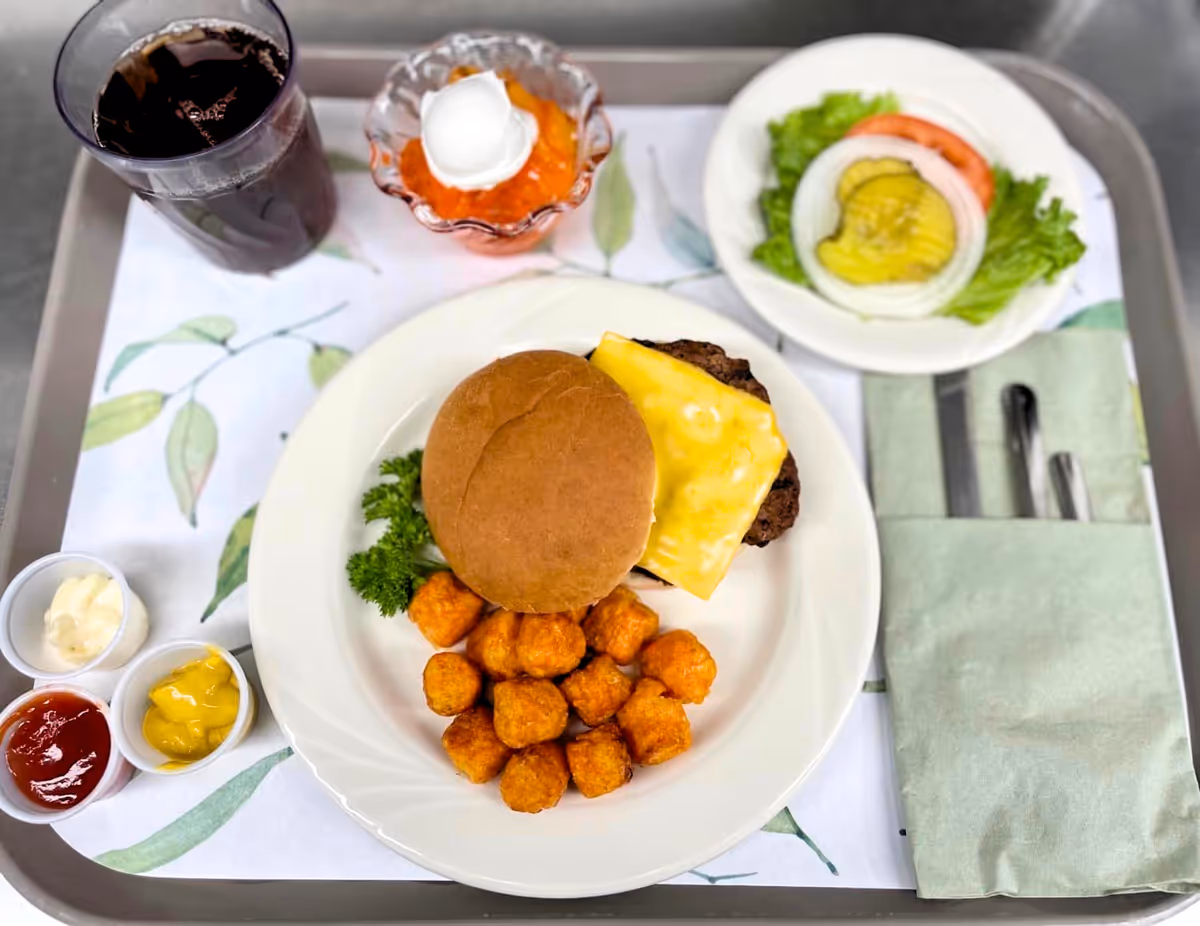 A meal tray with a cheeseburger topped with a slice of melted cheese, a side of tater tots, a small garnish of parsley, a plate with lettuce, tomato, pickles, and onion slices, a glass of dark soda with ice, a small dessert cup with orange gelatin and a dollop of whipped cream, and small containers of ketchup, mustard, and mayonnaise. Utensils are wrapped in a green napkin on the tray.