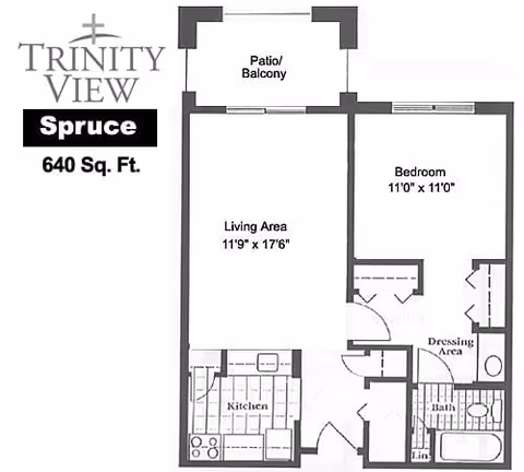 Floor plan of a 640 square feet apartment named Spruce at Trinity View Retirement Community, showing a living area, kitchen, bedroom, dressing area, bathroom, and a patio/balcony.