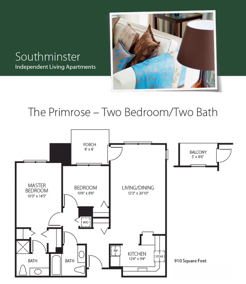 Floor plan layout of The Primrose, a two bedroom, two bath independent living apartment at Southminster, showing rooms including master bedroom, bedroom, living/dining area, kitchen, porch, balcony, and bathrooms.
