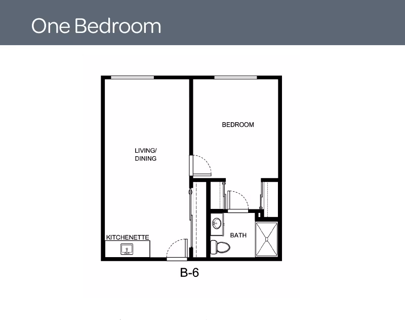 Floor plan layout of a one-bedroom unit labeled B-6 at Holiday Sheldon Oaks, showing a living/dining area with kitchenette, a separate bedroom, and a bathroom with a shower, toilet, and sink.