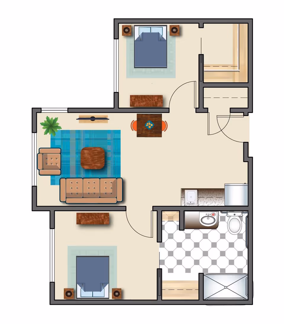Floor plan of a residential unit showing two bedrooms, a living room with sofa and armchair on a blue rug, a small dining area with a table and two chairs, a kitchen area with a sink and refrigerator, and a bathroom with a sink, toilet, and shower.