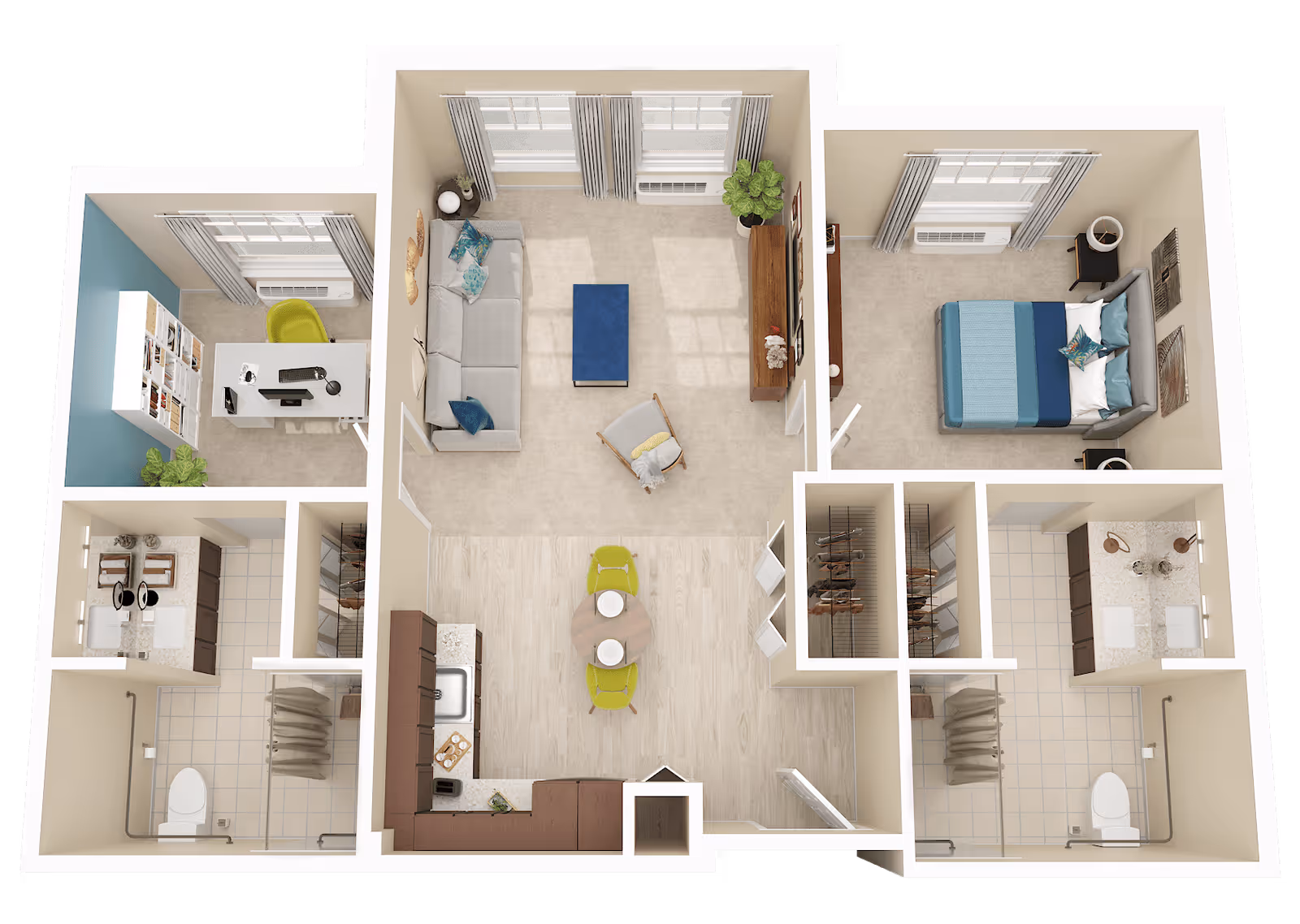 3D floor plan of an apartment at Atrium at Liberty Park showing a living room with a sofa, chair, and TV stand, a bedroom with a bed and nightstands, a kitchen with a dining table and two chairs, two bathrooms with sinks, toilets, and showers, and a small office area with a desk and chair.