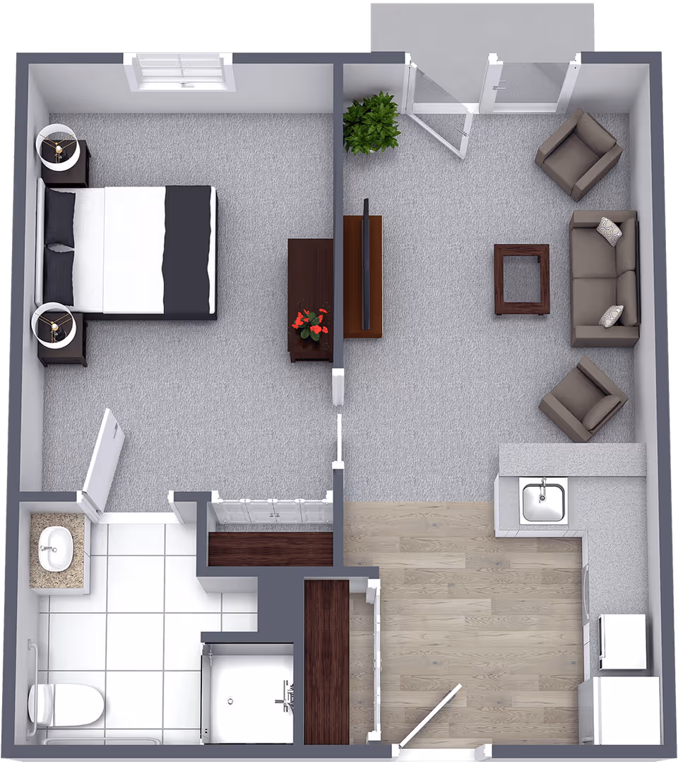 Top-down floor plan rendering of a one-bedroom apartment showing a bedroom, bathroom, kitchen, and furnished living room.