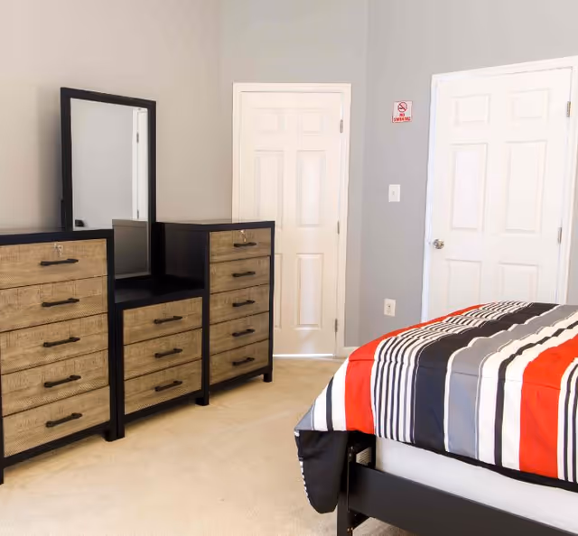 Carpeted bedroom with a striped bed, a multi-drawer dresser with mirror, and two white doors against gray walls.