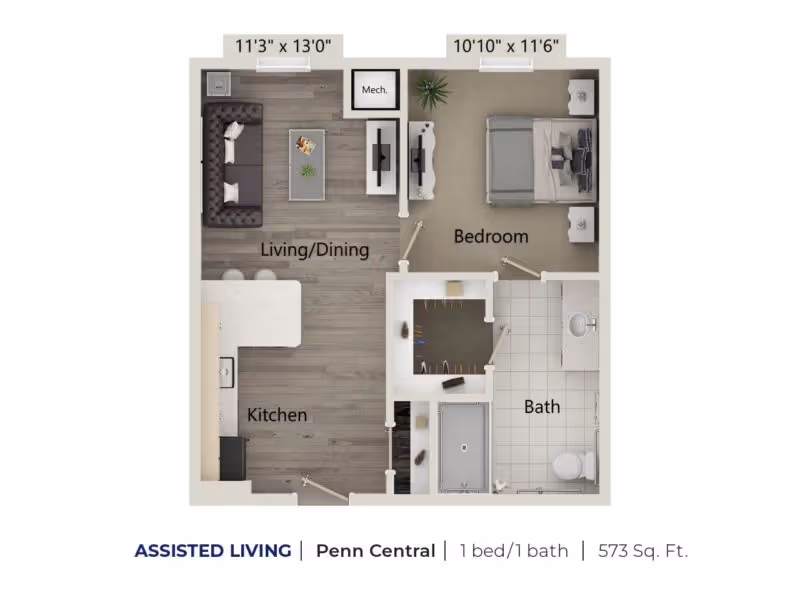 Floor plan of a one-bedroom, one-bath assisted living apartment named Penn Central at Harper’s Station Gainesville, showing a living/dining area, kitchen, bedroom, bathroom, and closet with dimensions.