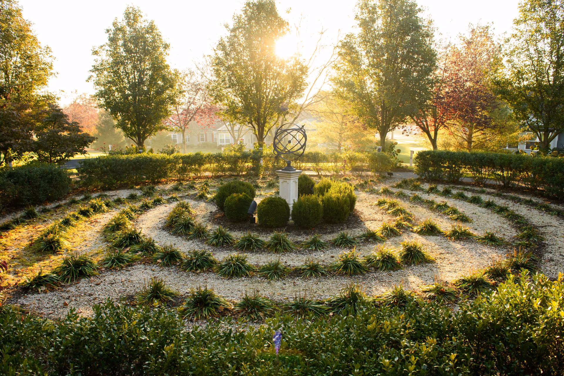 A circular garden labyrinth with neatly arranged plants and gravel paths, surrounded by bushes and trees with sunlight filtering through in the background.