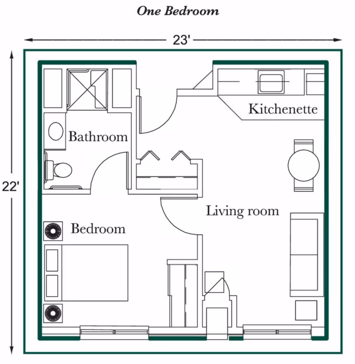Floor plan of a one-bedroom apartment showing a bedroom, bathroom, living room, and kitchenette with dimensions 23 feet by 22 feet.