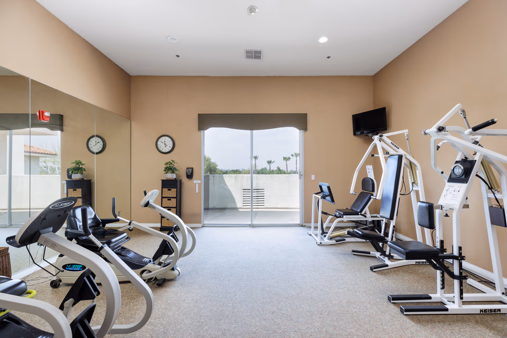 A fitness room with exercise equipment including stationary bikes and weight machines. The room has beige walls, a large mirror on one side, a clock on the wall, a small cabinet with plants, and a wall-mounted TV. There is a sliding glass door leading to an outdoor balcony with a view of palm trees.
