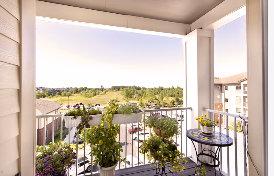 View from a balcony with white railings adorned with several flower pots containing colorful flowers. The balcony overlooks a parking lot with cars and a green landscape with trees and buildings in the distance under a clear sky.