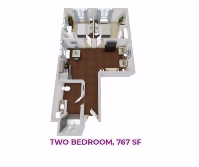 3D floor plan of a two-bedroom apartment with 767 square feet, showing two bedrooms, a living area with chairs and a TV, a kitchen, and a bathroom.