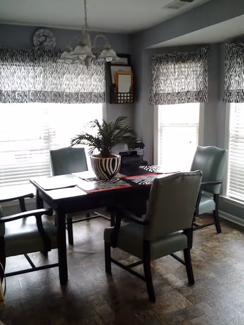 A dining area with a dark wooden table surrounded by four green cushioned chairs. The table has a decorative black and white striped vase with green foliage. The room has three windows with zebra-patterned valances and white blinds. A chandelier with five lights hangs above the table. The floor has a brown tile pattern.
