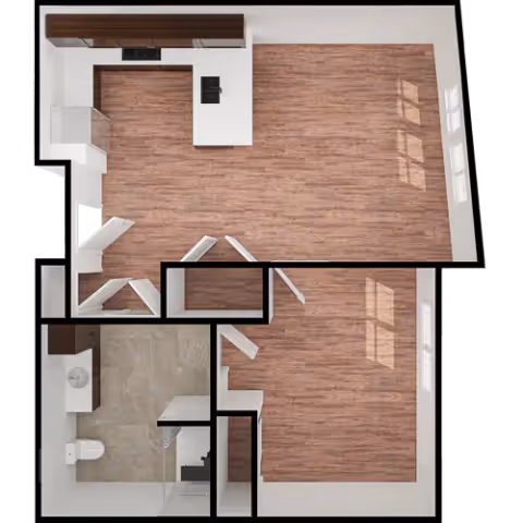 Top-down view of a small apartment floor plan featuring a kitchen with dark cabinets and white countertops, a bathroom with a toilet and sink, and two rooms with wood flooring and windows letting in natural light.