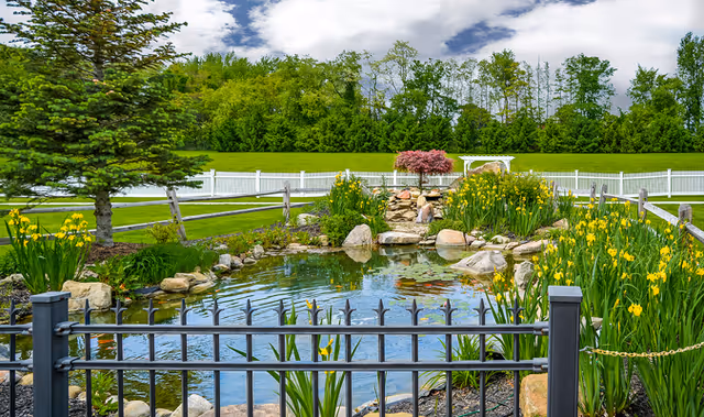 A serene outdoor garden scene featuring a small pond surrounded by rocks and yellow flowering plants. A black metal fence is in the foreground, with a white wooden fence and green trees in the background under a partly cloudy sky.