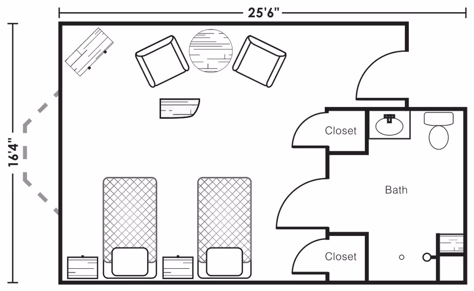 Floor plan of a room in CountryHouse Residence showing two beds with nightstands, a seating area with two chairs and a round table, a bathroom with a sink and toilet, and two closets. The room dimensions are 25 feet 6 inches by 16 feet 4 inches.