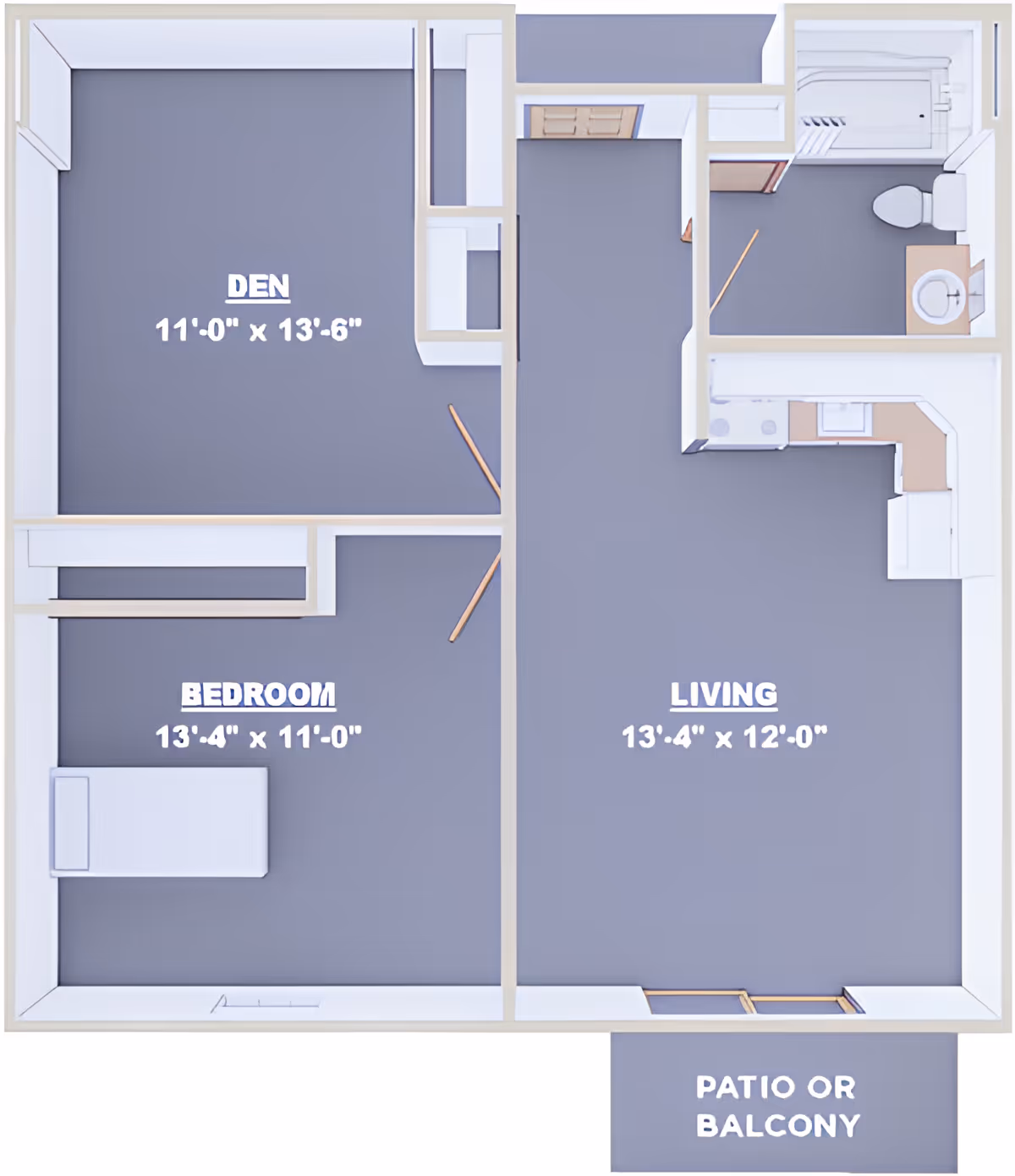 3D floor plan of an apartment unit showing a den measuring 11 feet by 13 feet 6 inches, a bedroom measuring 13 feet 4 inches by 11 feet, a living room measuring 13 feet 4 inches by 12 feet, a kitchen area, a bathroom with a shower, toilet, and sink, and a patio or balcony area.