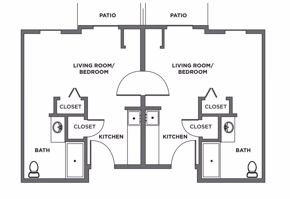 Architectural floor plan showing two adjacent studio apartments, each with a combined living room and bedroom area, a kitchen, two closets, a bathroom with a toilet and shower, and a patio.