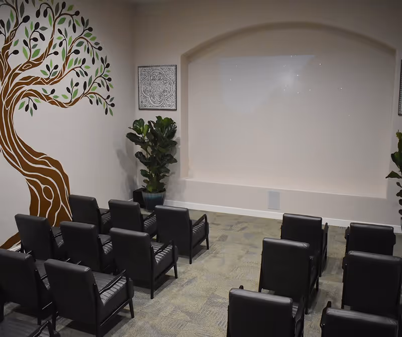 A small room with rows of black chairs arranged facing a blank white wall with an arched recess. The left wall features a large painted tree with green leaves, and there are potted plants placed near the walls. The floor is carpeted with a patterned design.