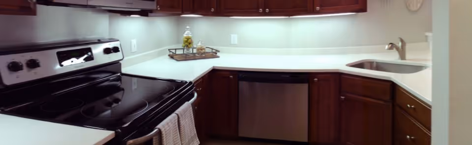 A modern kitchen with dark wooden cabinets, a black electric stove with oven, a stainless steel dishwasher, a white countertop, and a stainless steel sink with a faucet. There are decorative jars on the countertop and a towel hanging on the oven handle.