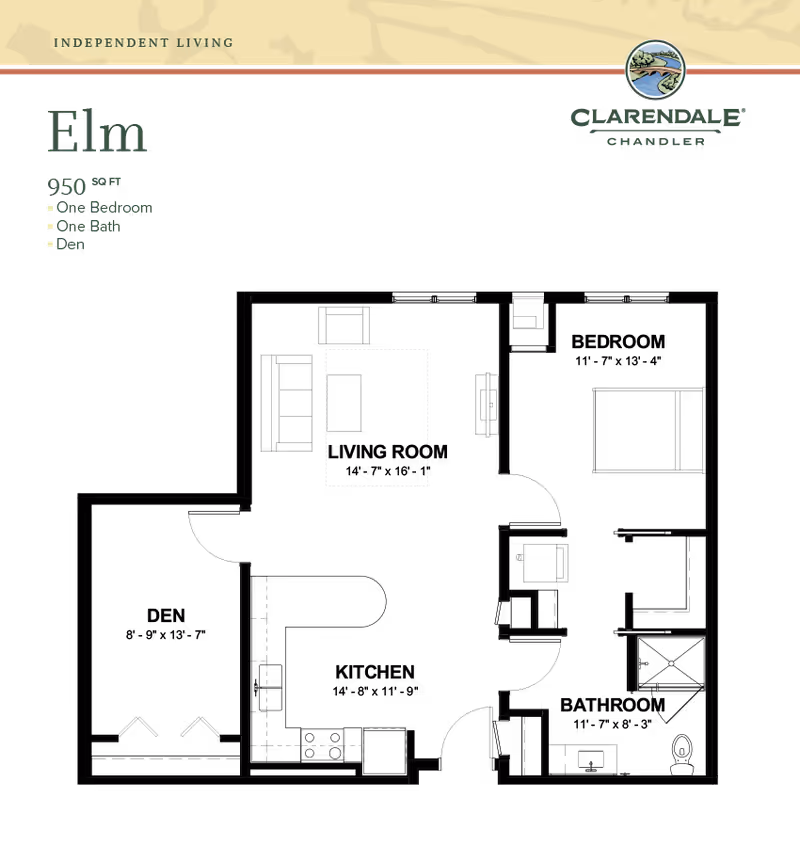Floor plan layout of the Elm apartment at Clarendale of Chandler showing a one-bedroom, one-bath, and den in a 950 square feet space.
