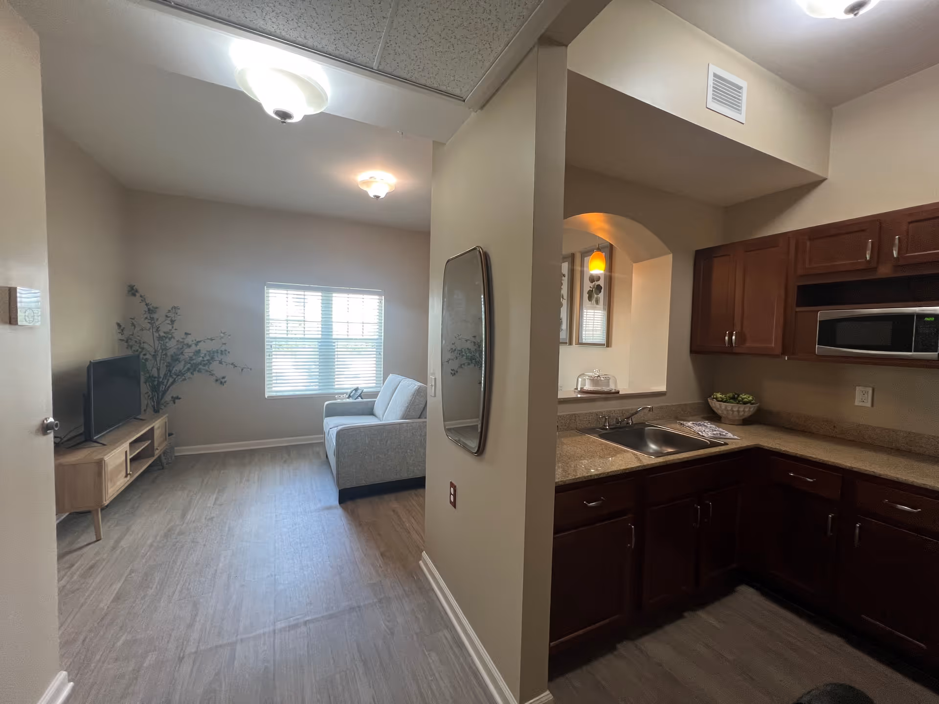 Interior view of a senior living facility apartment showing a small living room with a gray couch, a TV on a wooden stand, and a window with blinds. Adjacent to the living room is a kitchen area with dark wooden cabinets, a countertop with a sink, a microwave, and some decorative items. The walls are painted beige and the floor has a wood-like finish.