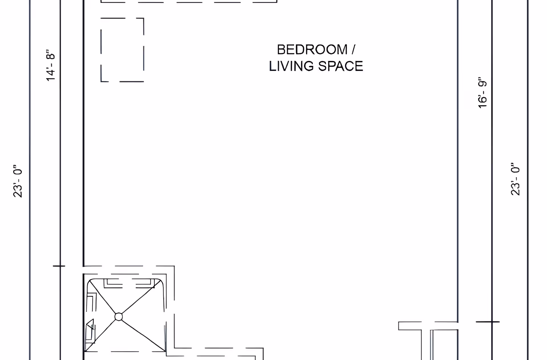 Architectural floor plan showing dimensions and layout of a bedroom/living space area with an adjacent bathroom.
